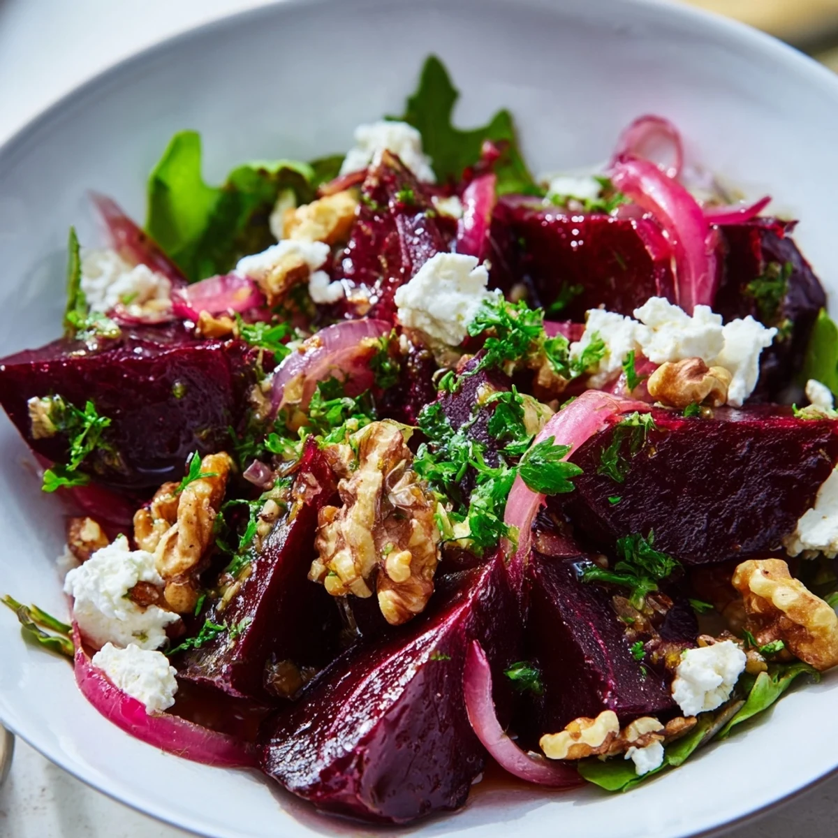 Freshly roasted beet salad with walnuts and feta served on a platter with zesty vinaigrette.