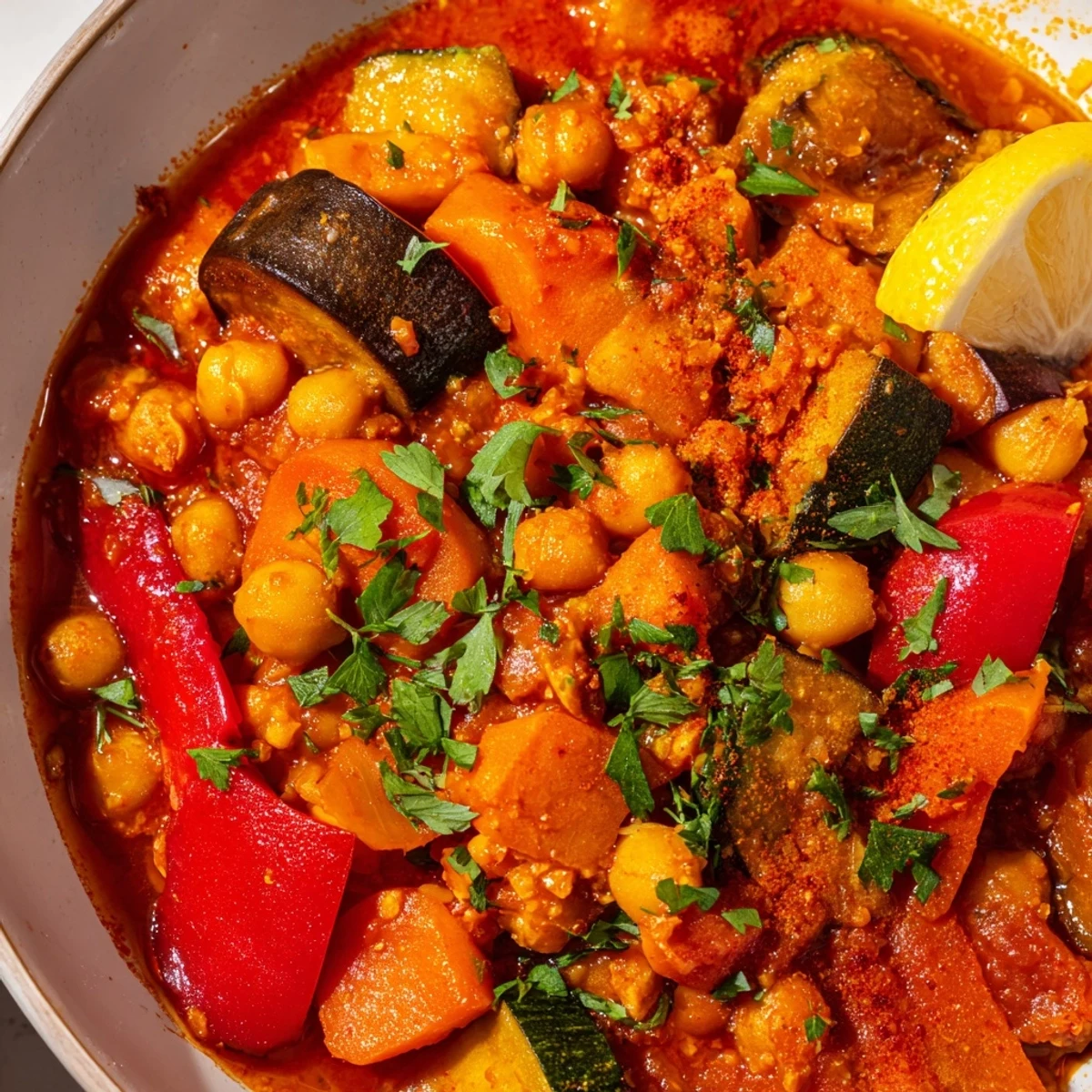 Steaming Spicy Harissa Chickpea and Vegetable Tagine in a pot with carrots and zucchini.
