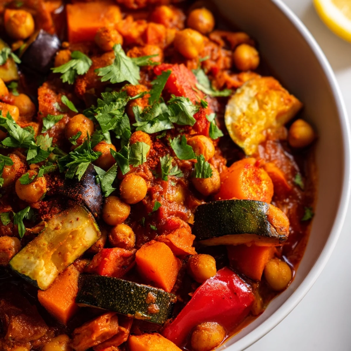 Spicy Harissa Chickpea and Vegetable Tagine served in a bowl with fresh cilantro garnish.