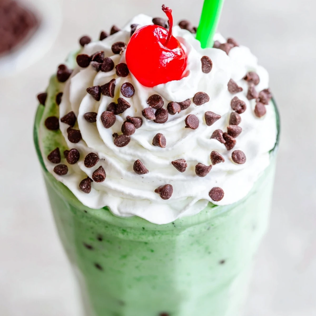 Two tall glasses of vibrant green Shamrock Mint Chocolate Chip Milkshake, topped with whipped cream, extra chocolate chips, and a bright maraschino cherry.