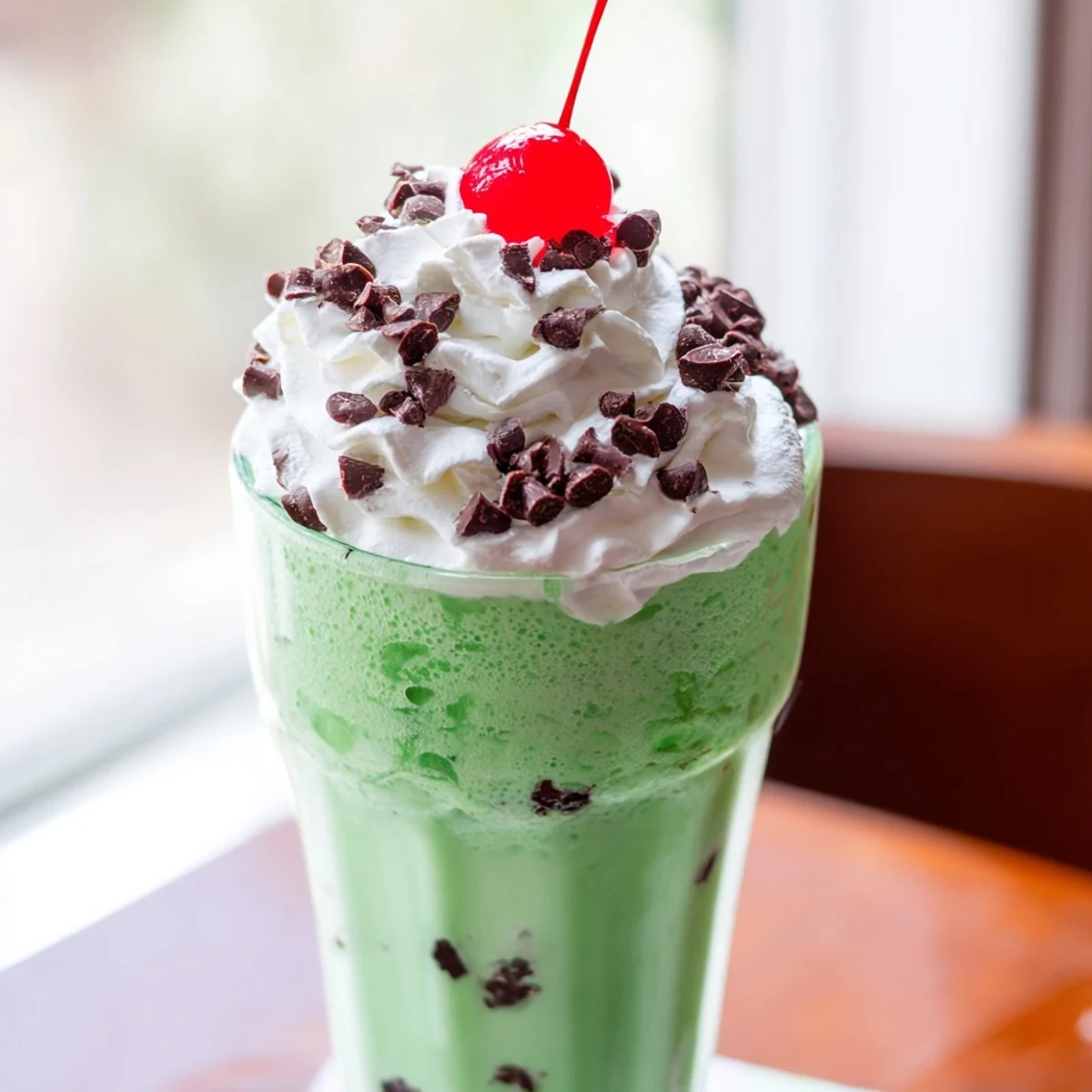 Thick Shamrock Mint Chocolate Chip Milkshake in a chilled glass, garnished with a cherry and chocolate chips for a sweet minty finish.