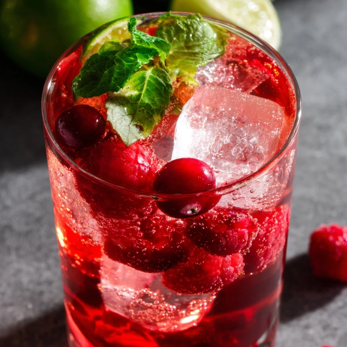 Refreshing Love Potion Cranberry Raspberry Mocktail garnished with raspberries, cranberries, and mint, ready to serve at a festive gathering.