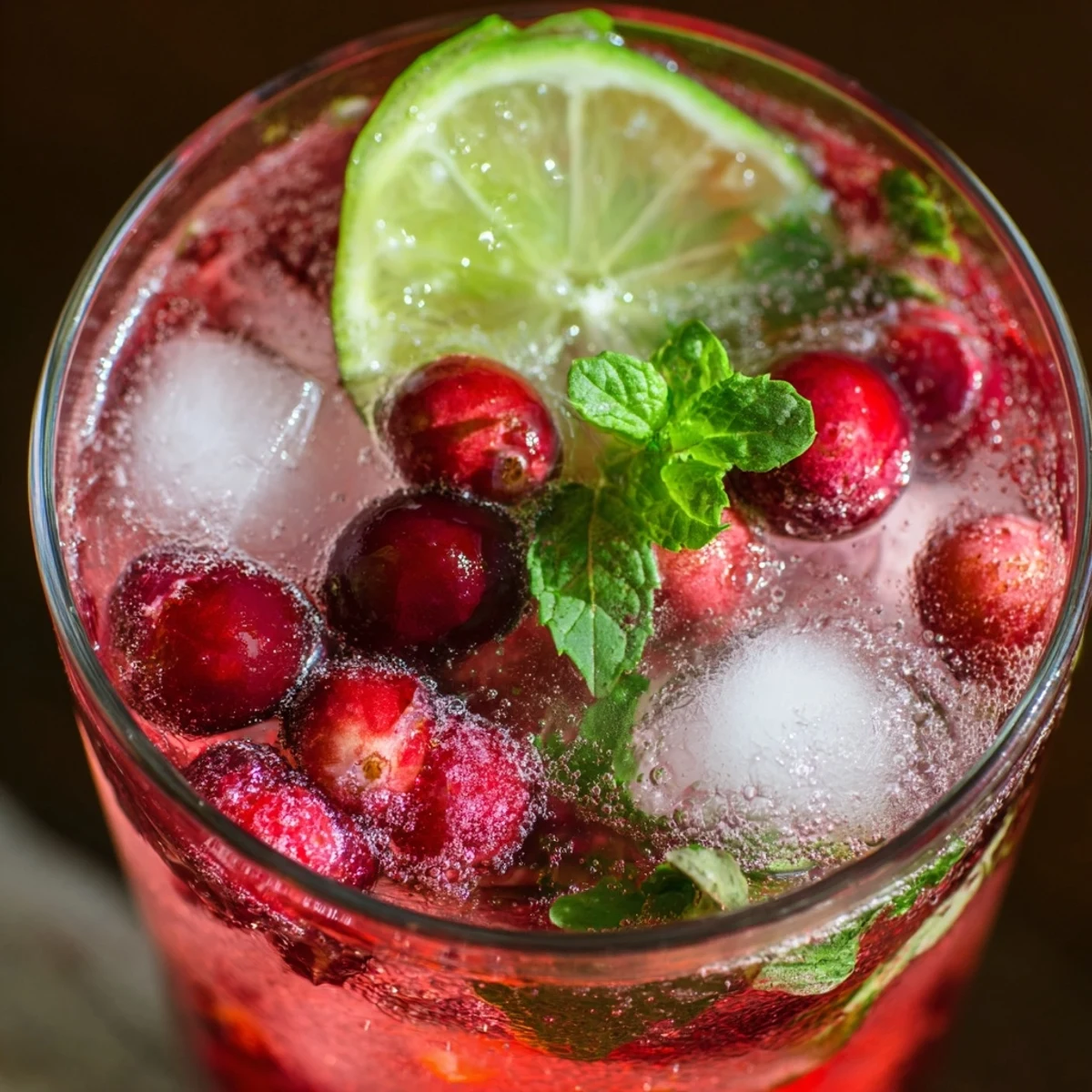 Two glasses of chilled Love Potion Cranberry Raspberry Mocktail with lime wheels and sparkling bubbles over ice.