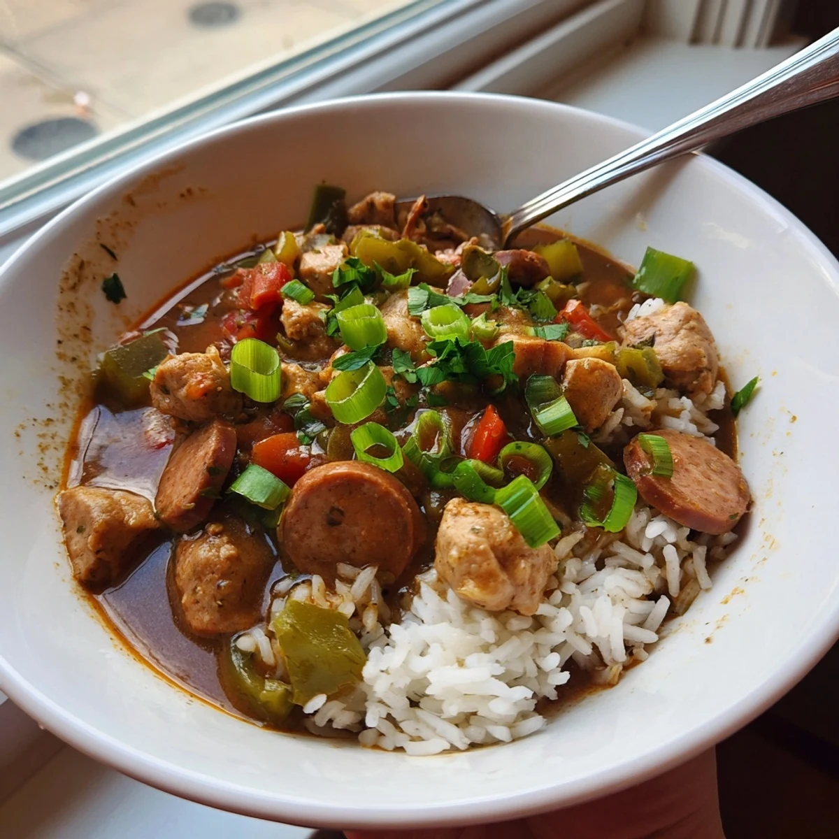 Close-up of rich Mardi Gras Chicken and Sausage Gumbo in a pot, featuring tender chicken, smoky sausage, and the holy trinity of vegetables.