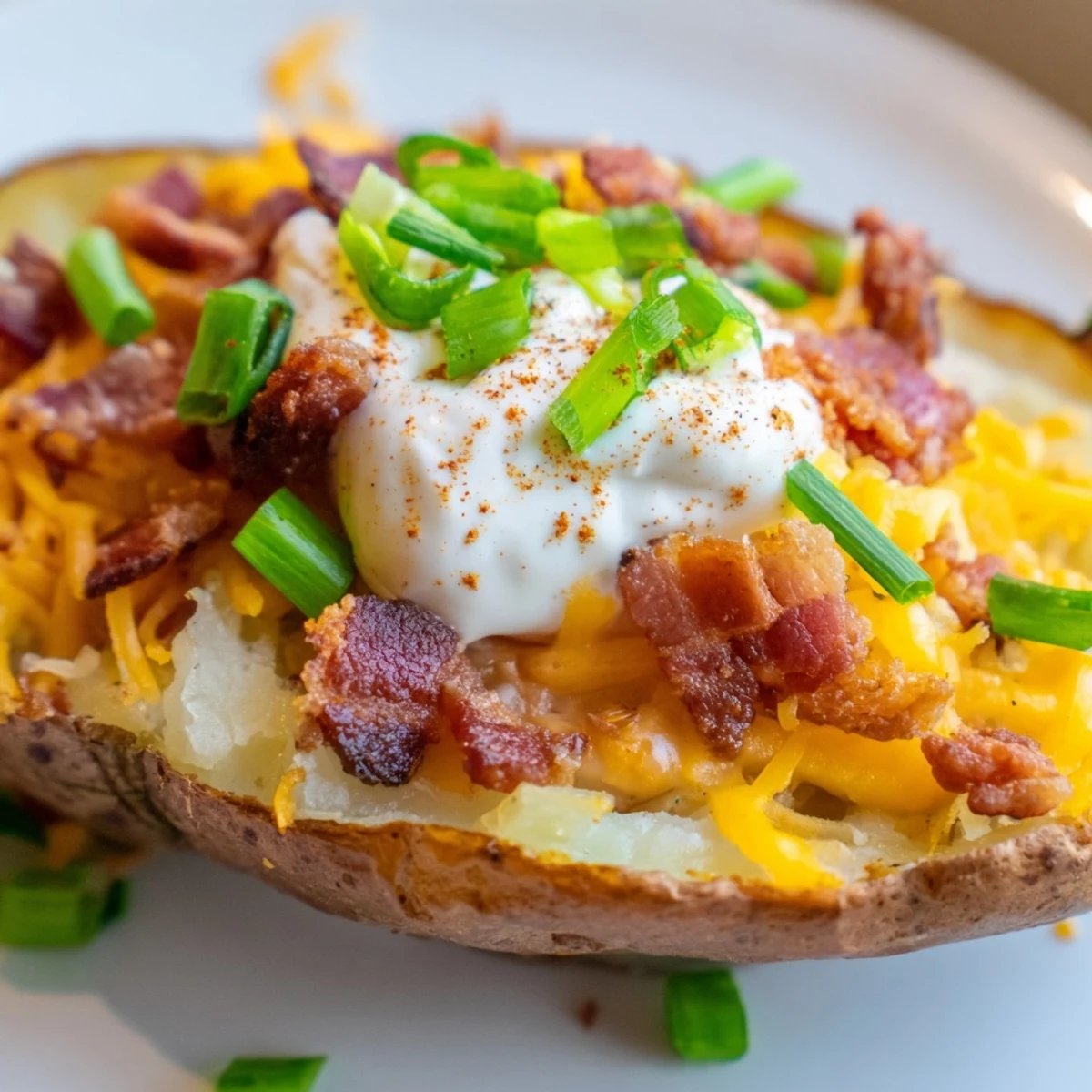 Golden Super Bowl Loaded Potato Skins topped with gooey cheddar, crispy beef bacon, and a dollop of sour cream ready to serve.