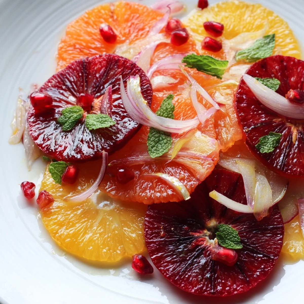 A plated Winter Citrus Salad with Blood Orange and Fennel garnished with mint, fennel fronds, and pomegranate seeds.