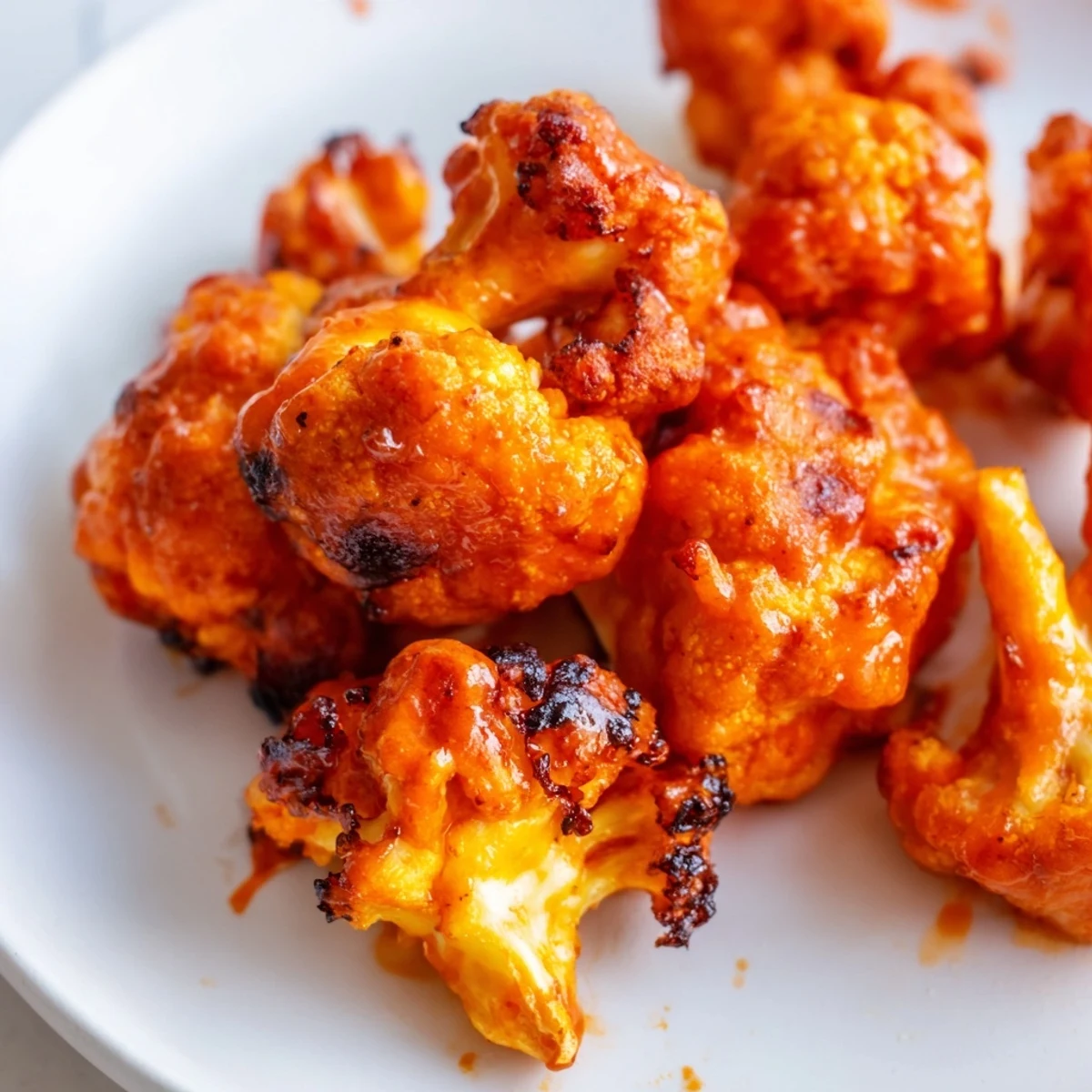 Crispy Air Fryer Buffalo Cauliflower Bites glisten with tangy sauce, served with celery sticks and ranch dip.