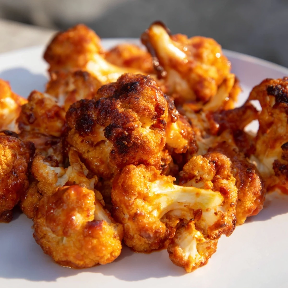 Golden, air-fried cauliflower florets tossed in buttery buffalo sauce, ready to enjoy with blue cheese dressing.