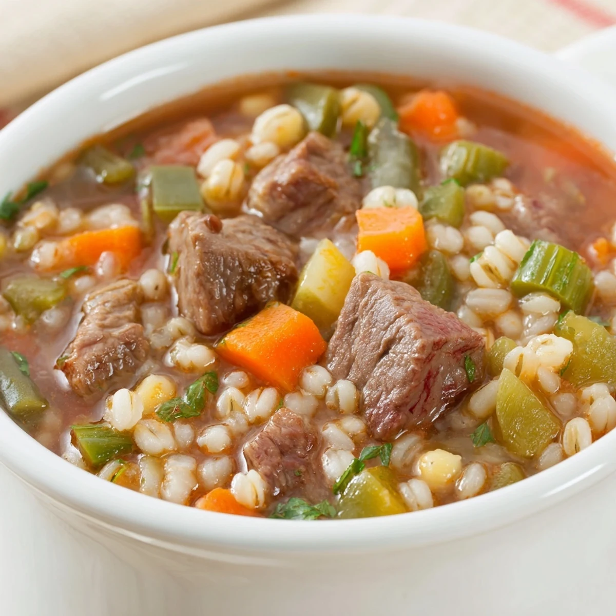 Hearty Beef and Barley Vegetable Soup simmering in a pot, featuring tender beef, carrots, peas, and diced tomatoes.