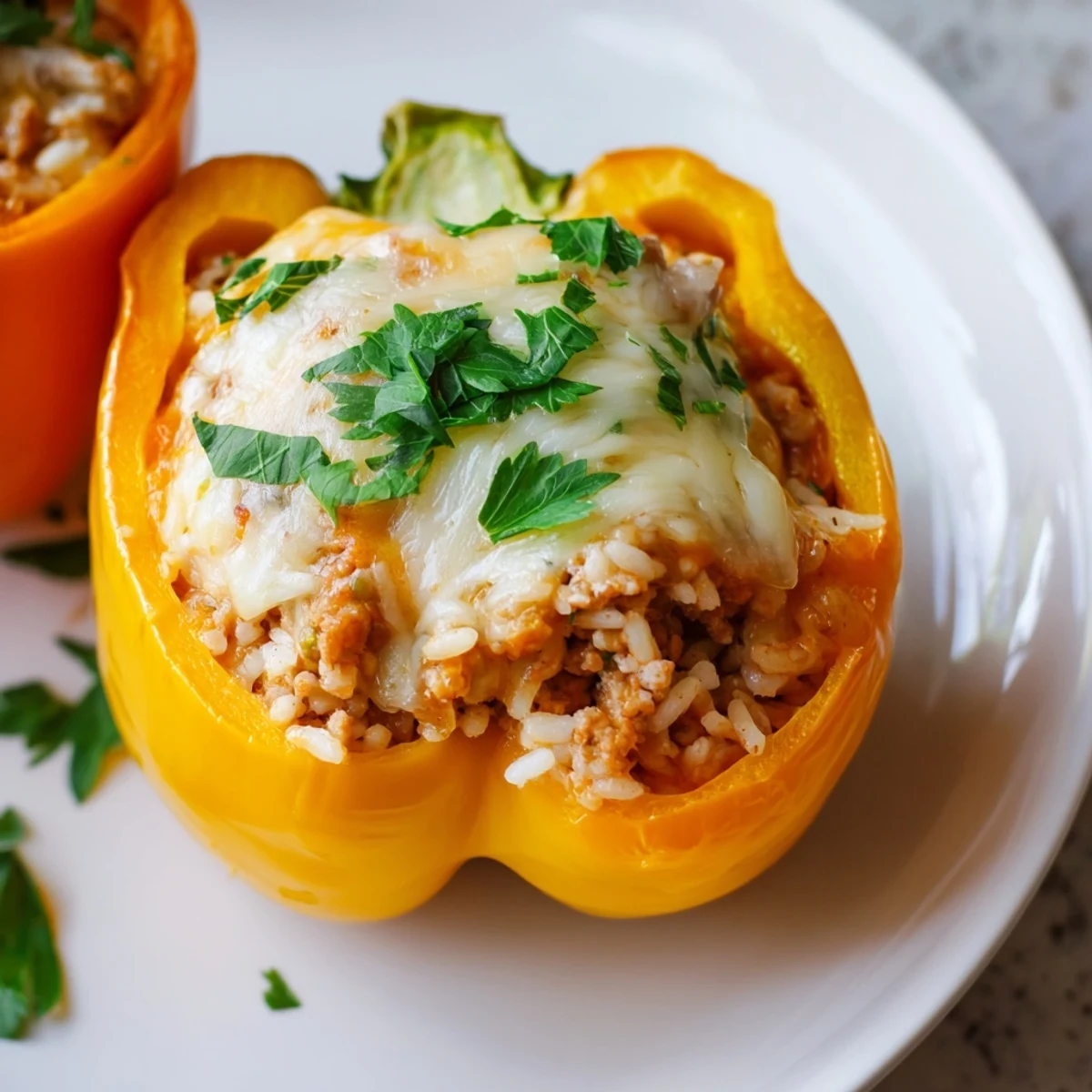 Freshly baked Stuffed Bell Peppers with Ground Turkey and Rice, garnished with parsley and ready to serve as a healthy dinner.