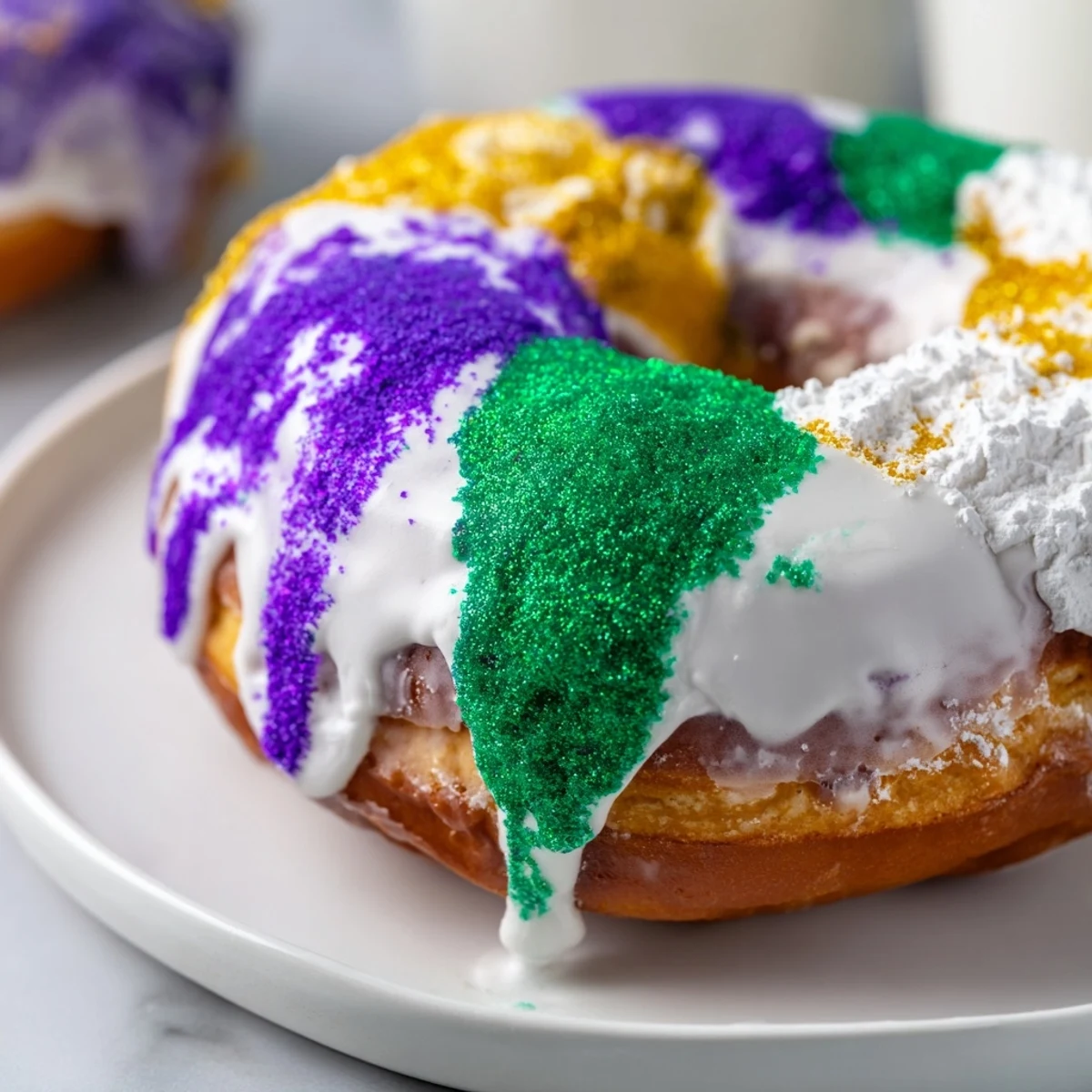 Golden-brown baked Mardi Gras King Cake Donuts cooling on a wire rack, topped with vibrant purple, green, and gold icing sugars.