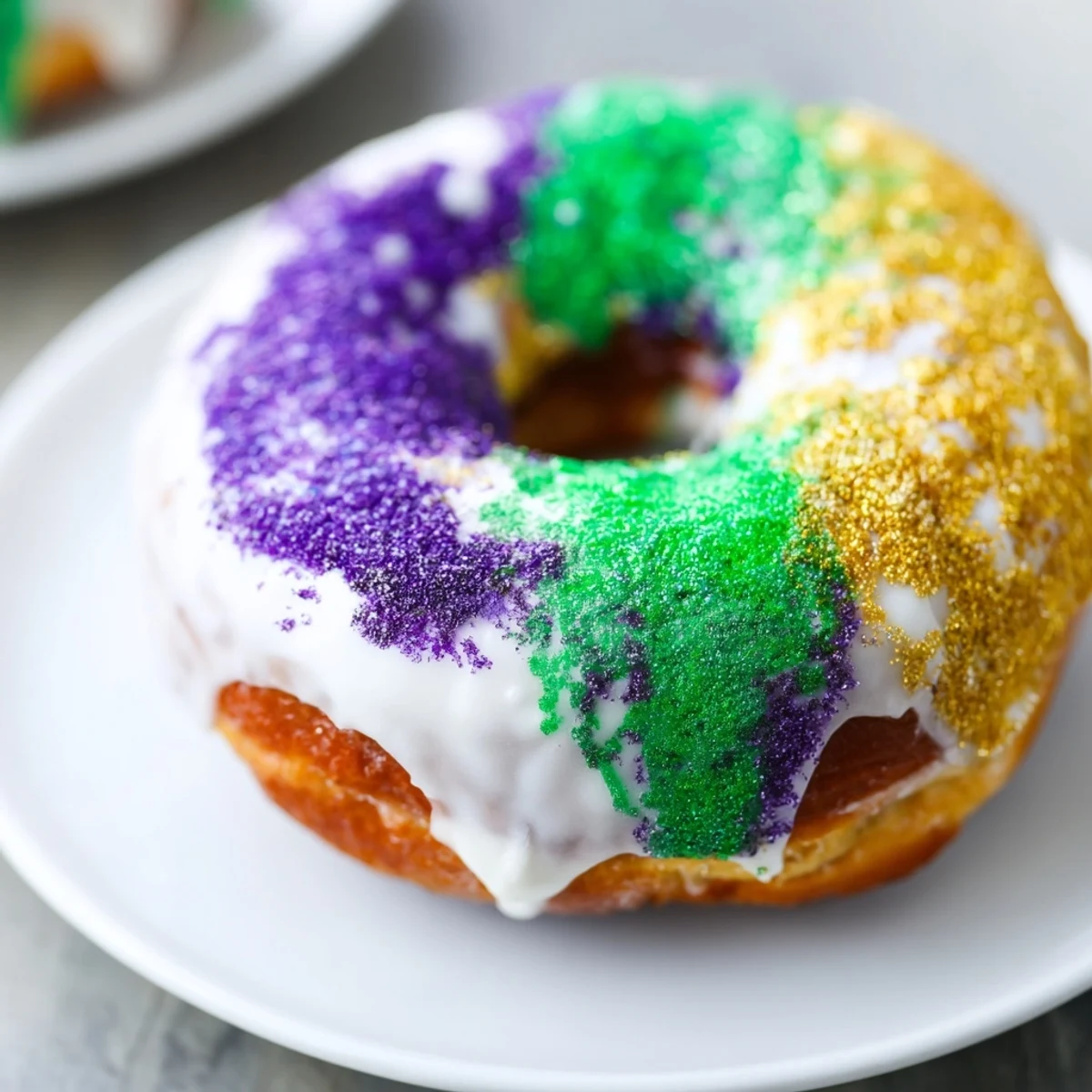 A close-up of a soft, pillowy Mardi Gras King Cake Donut showing a cinnamon-sugar swirl inside, ready to be shared at a festive celebration.