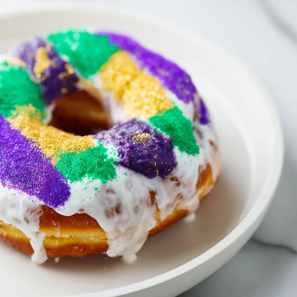 Glazed Mardi Gras King Cake Donuts arranged on a platter, drizzled with sweet vanilla icing and sprinkled with colorful sugars for a New Orleans-style treat.