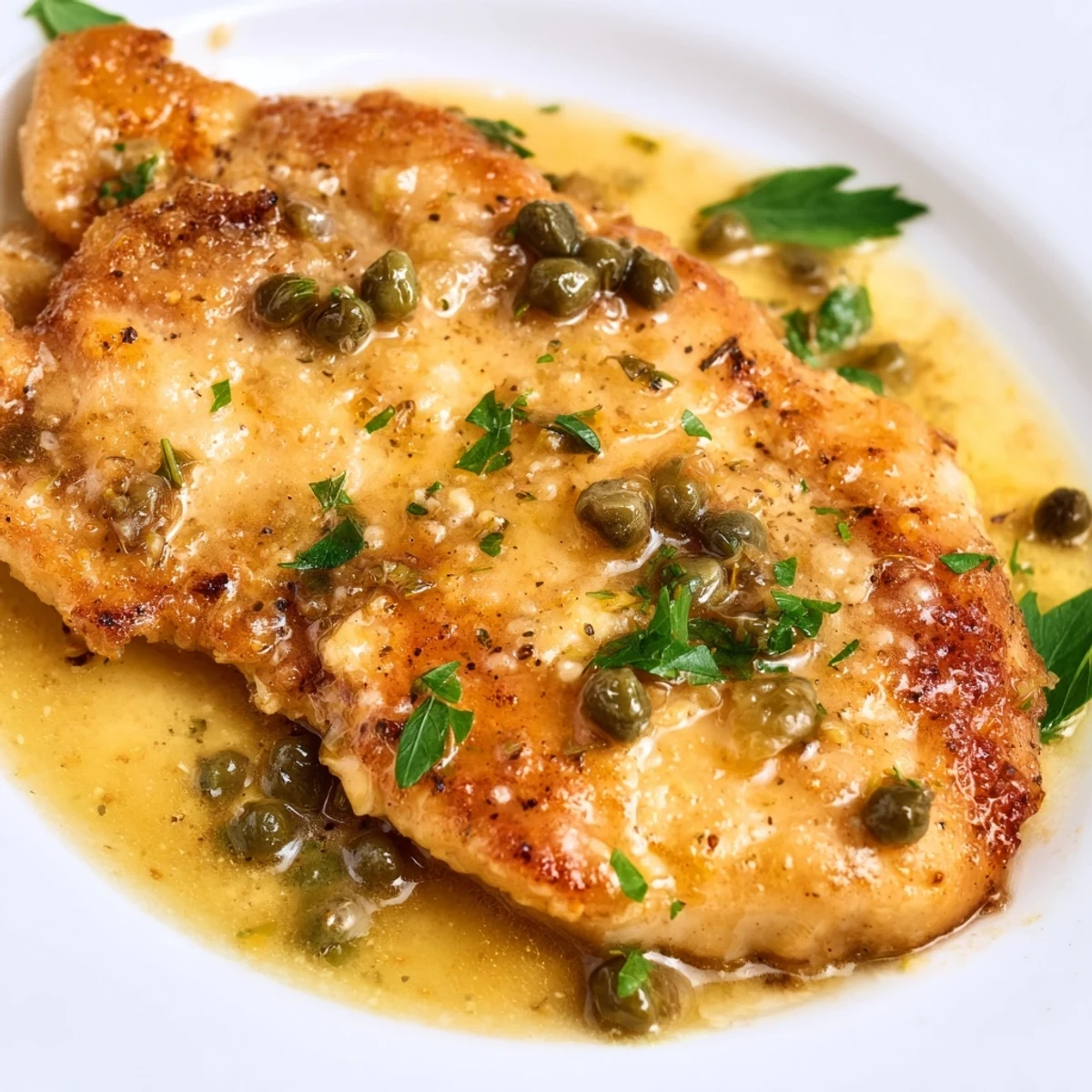 Pan-seared Chicken Piccata plated with a tangy lemon-caper sauce, garnished with fresh parsley and lemon rounds.  