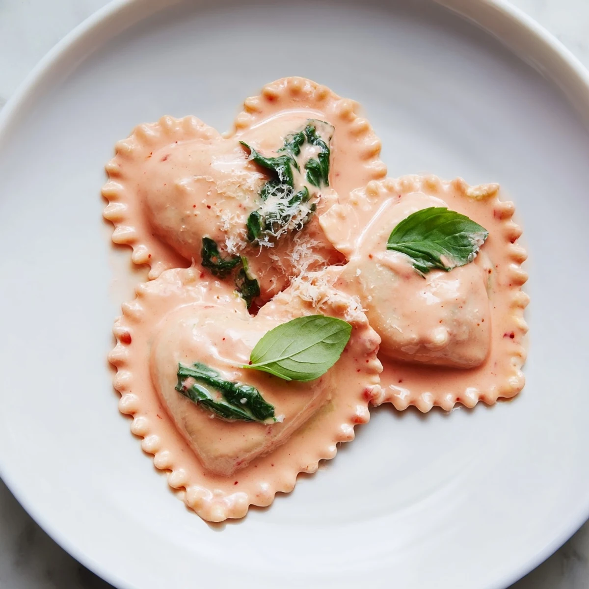 Perfectly cooked Heart Shaped Ravioli with Pink Sauce, garnished with fresh basil and grated Parmesan cheese.