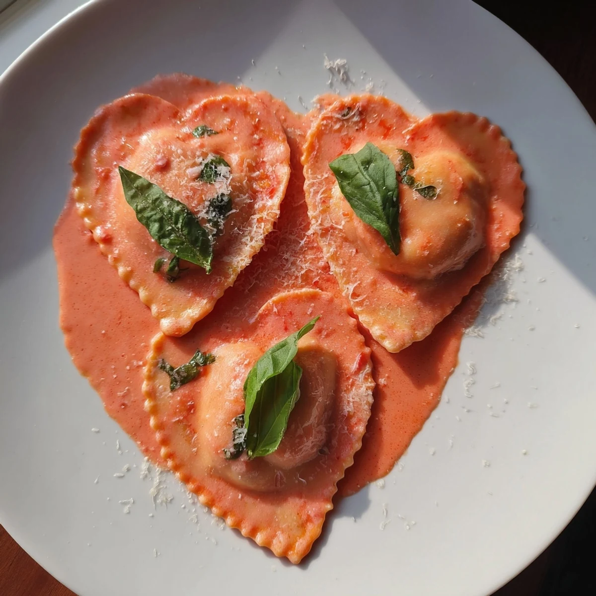 Tender homemade heart ravioli, filled with spinach and ricotta, paired with a rich and savory pink sauce.