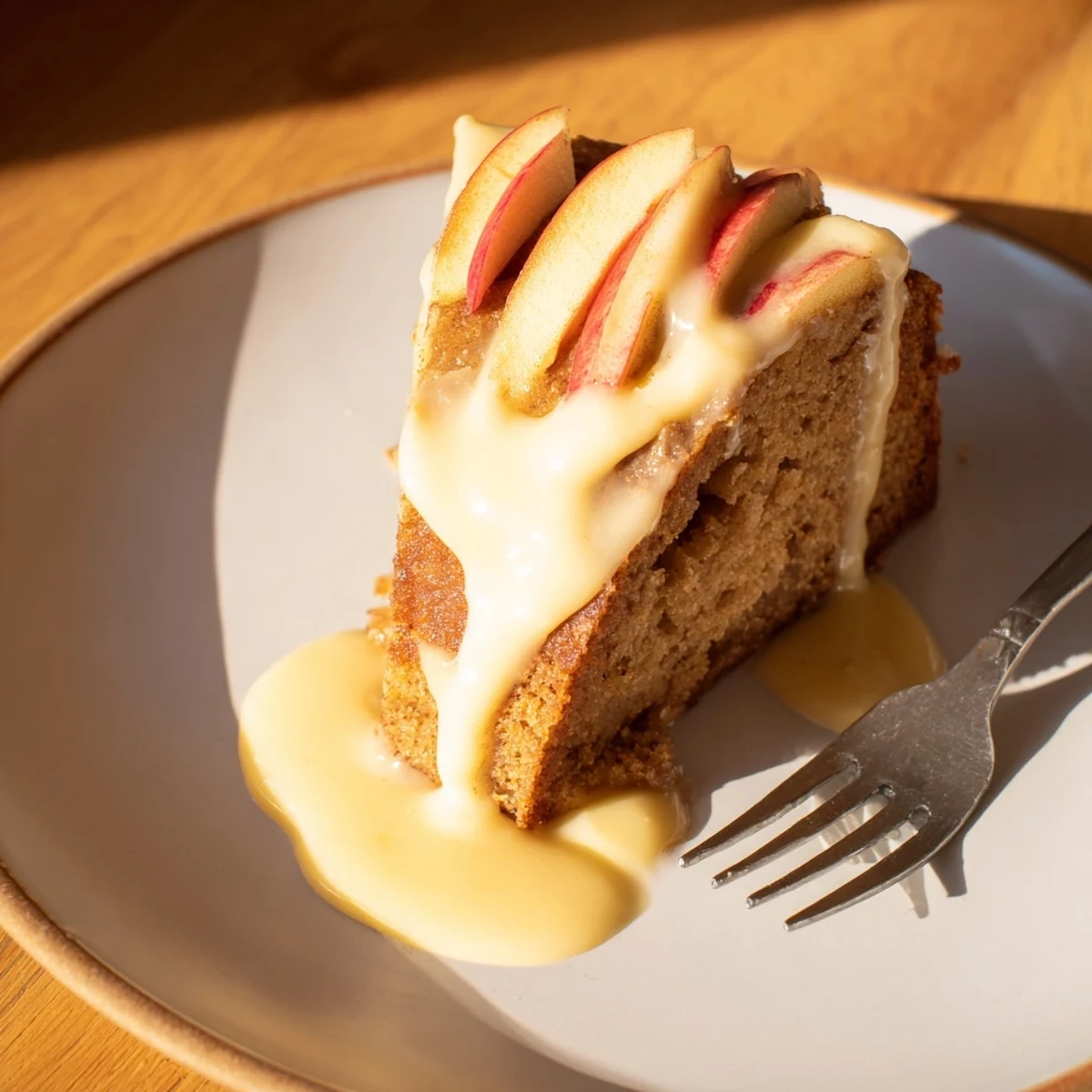 A rustic Irish Apple Cake with Custard Sauce is served on a plate with golden edges and vanilla aroma.  
