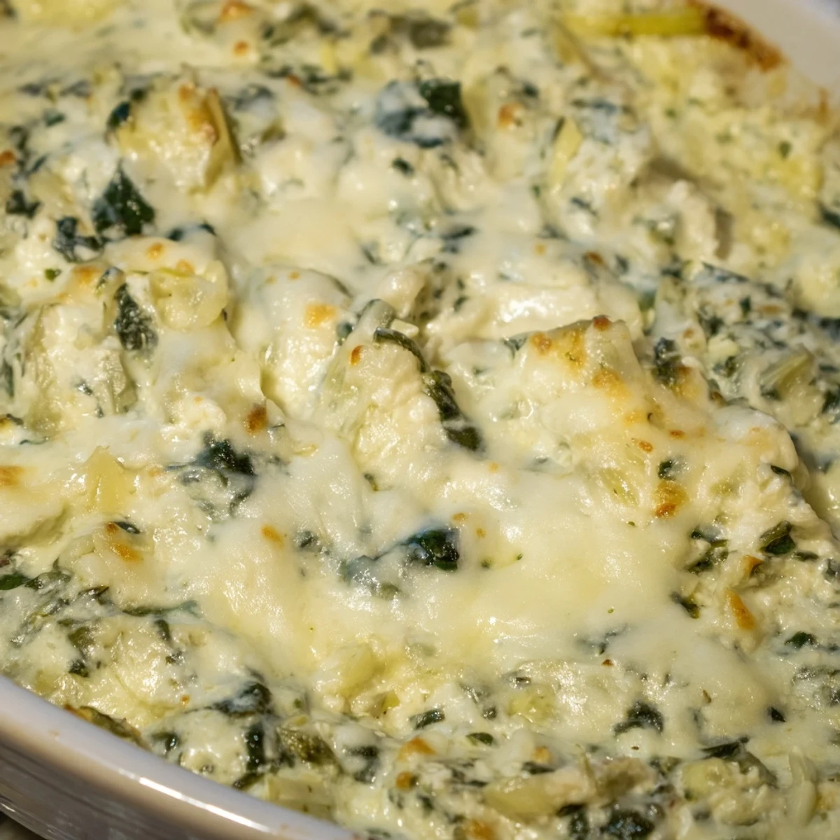 A close-up of the creamy Cheesy Spinach and Artichoke Dip shows melted mozzarella and Parmesan over bright spinach and artichoke chunks.