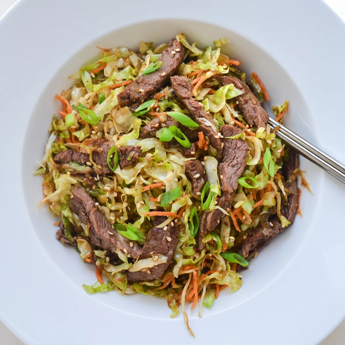 Hearty Keto Friendly Beef and Cabbage Stir Fry served over cauliflower rice with fresh green onions.