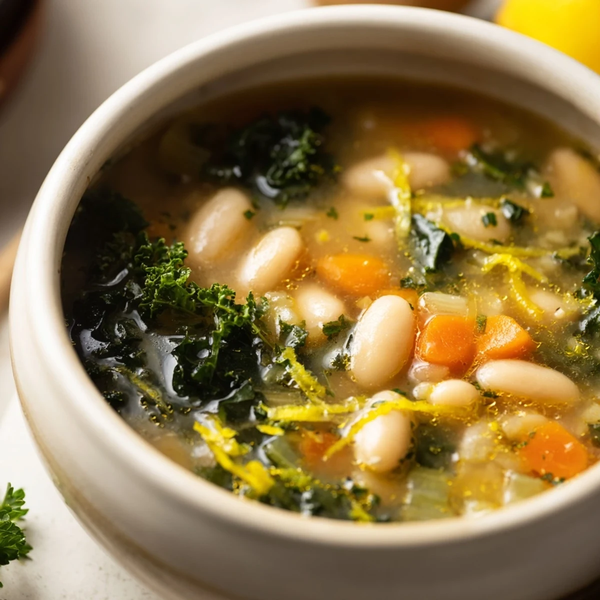 Close-up view of creamy White Bean and Kale Soup with Lemon Zest, featuring tender kale leaves and zesty aromatics.