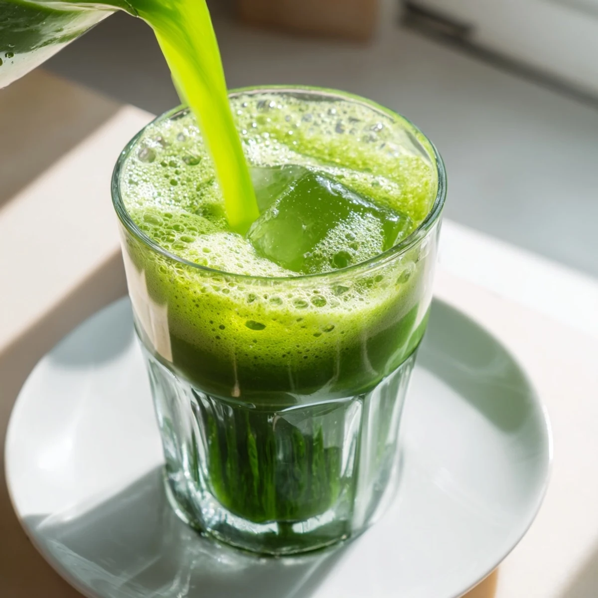 A vibrant green Detox Green Smoothie with Spinach and Ginger in a tall glass, garnished with fresh spinach leaves and a slice of ginger.  