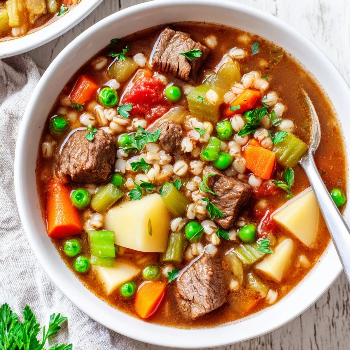 Hearty Beef and Barley Vegetable Stew simmering in a Dutch oven, featuring tender chunks of beef, pearl barley, carrots, and peas in a rich, savory broth.