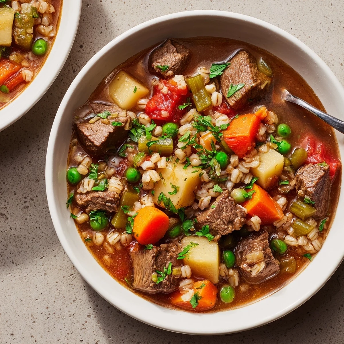 Spoonful of hearty beef and barley vegetable stew in a rustic bowl, garnished with fresh parsley and served alongside a slice of crusty bread.