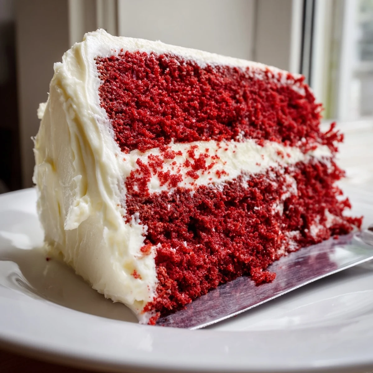 Classic American red velvet cake, frosted with creamy cream cheese icing, displayed on a rustic wooden board for a celebration.