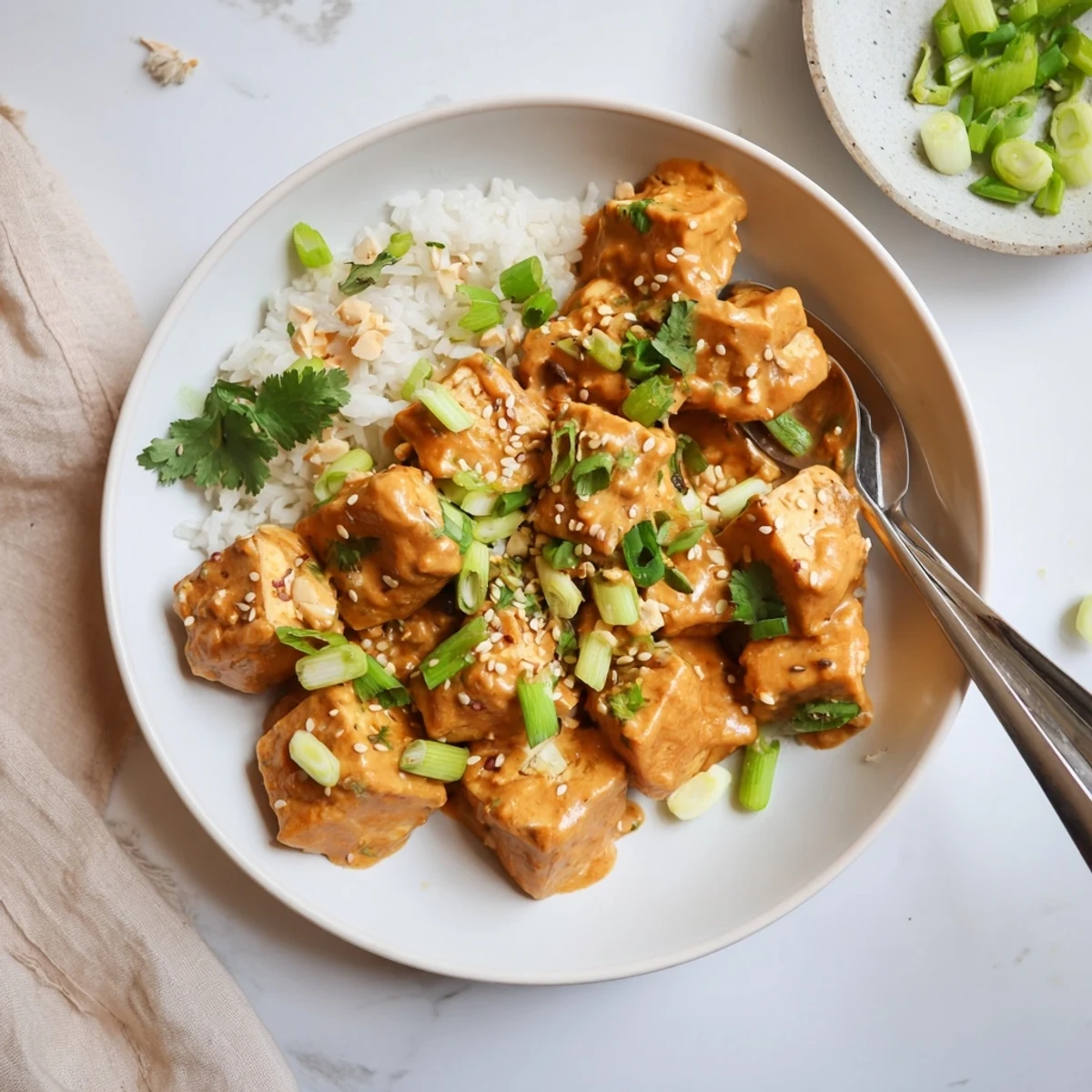 Golden Crispy Baked Tofu cubes tossed in a zesty Spicy Peanut Sauce, served over steamed rice with fresh cilantro.