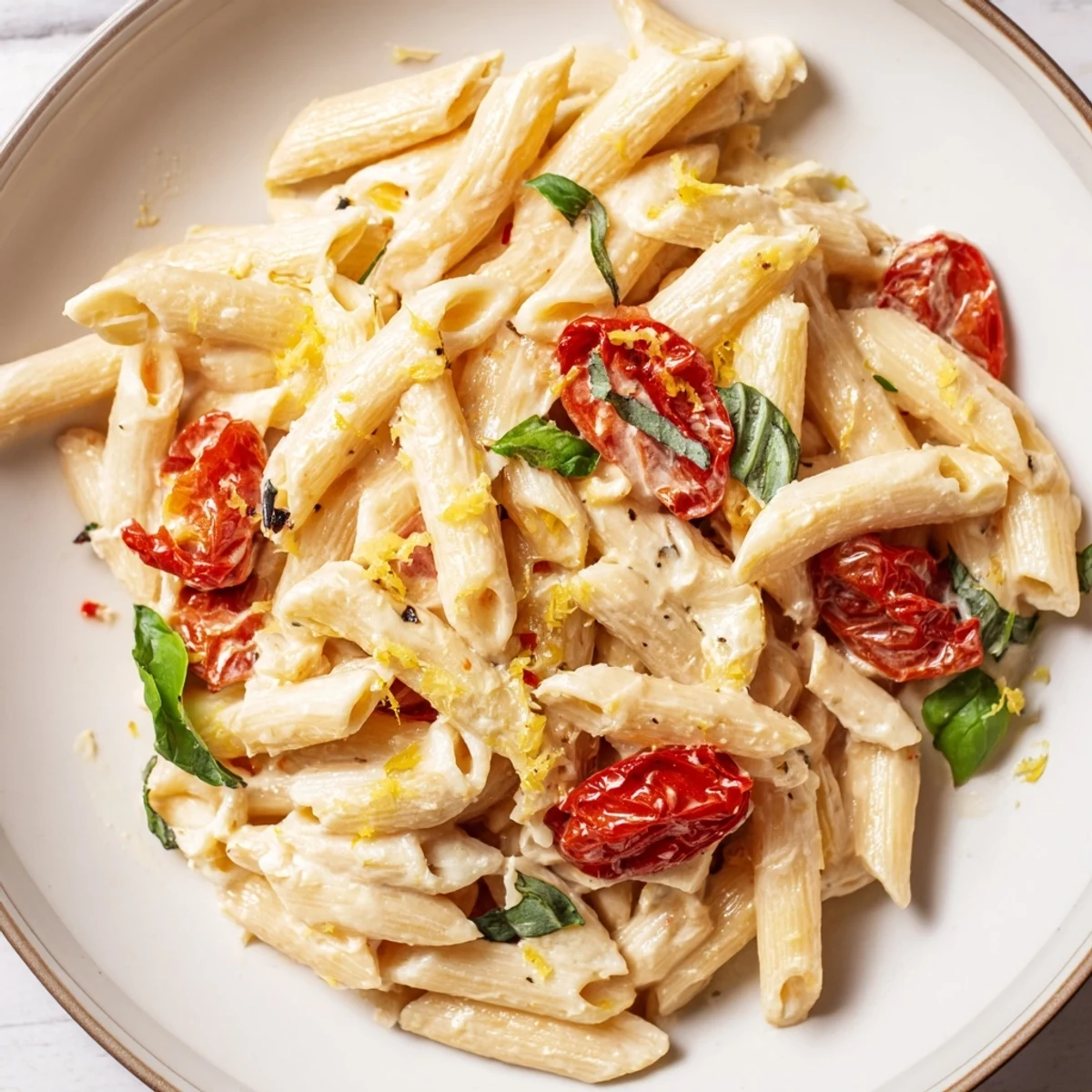 Freshly torn basil leaves top the golden baked feta and burst cherry tomatoes in this viral pasta dish, perfect for an easy vegetarian meal.