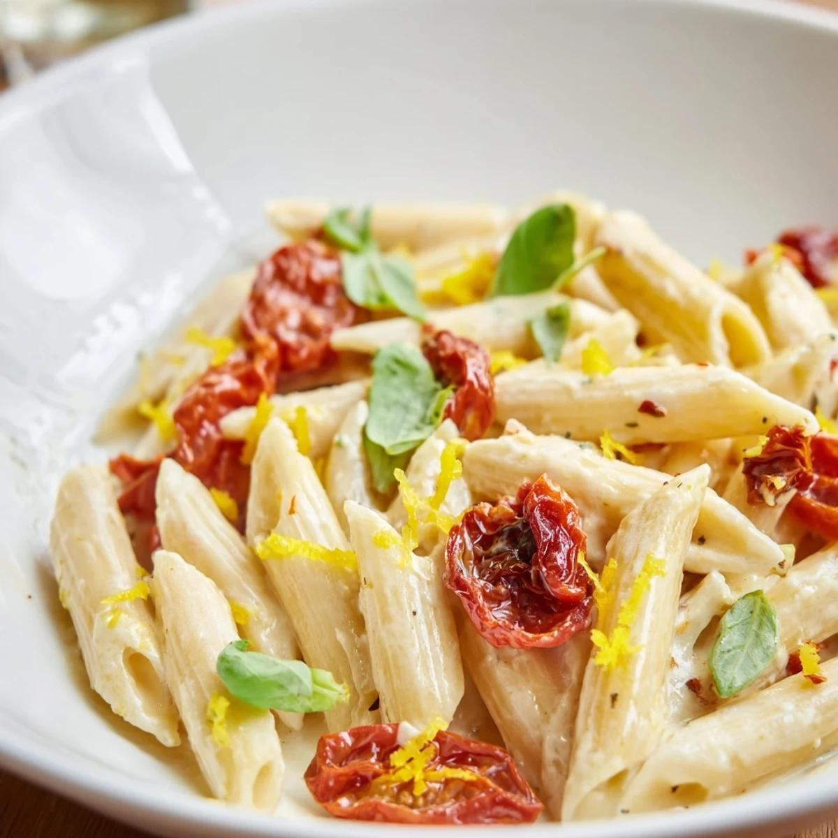Creamy baked feta pasta with roasted cherry tomatoes and fresh basil, garnished with lemon zest and served warm for a weeknight Mediterranean dinner.