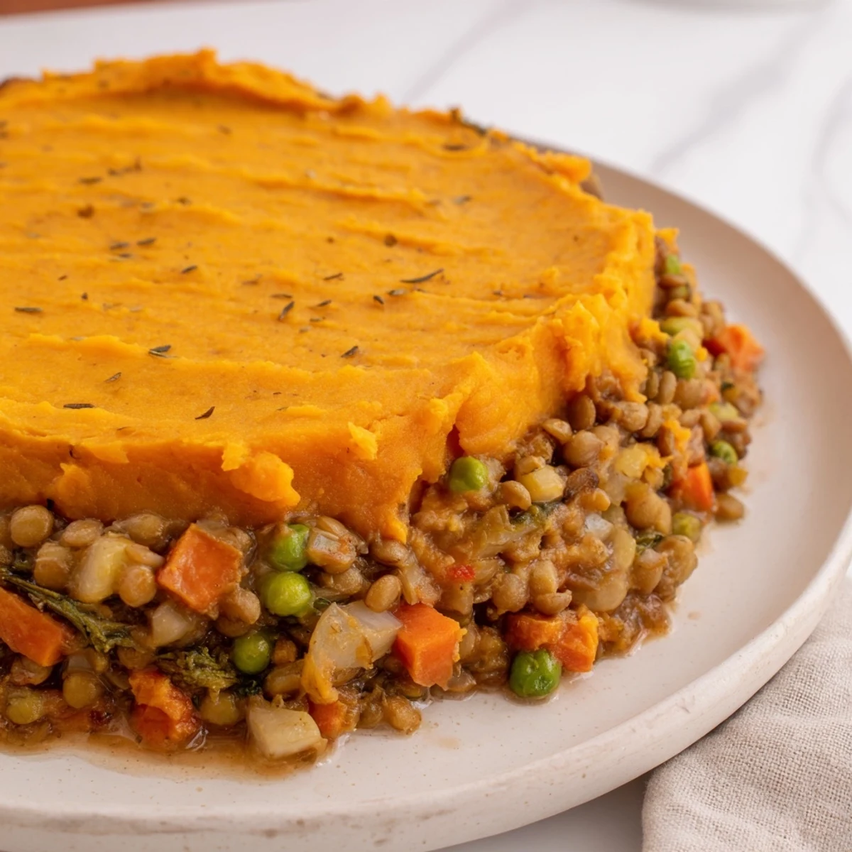 A hearty scoop of Vegan Lentil and Sweet Potato Shepherds Pie reveals a savory lentil and vegetable filling. 