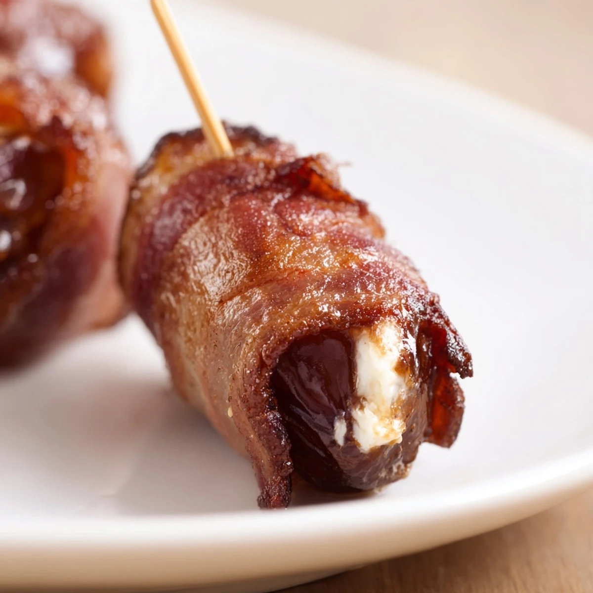 Golden Air Fryer Crispy Beef Bacon Wrapped Dates glistening with a smoky, crisp beef bacon wrap.