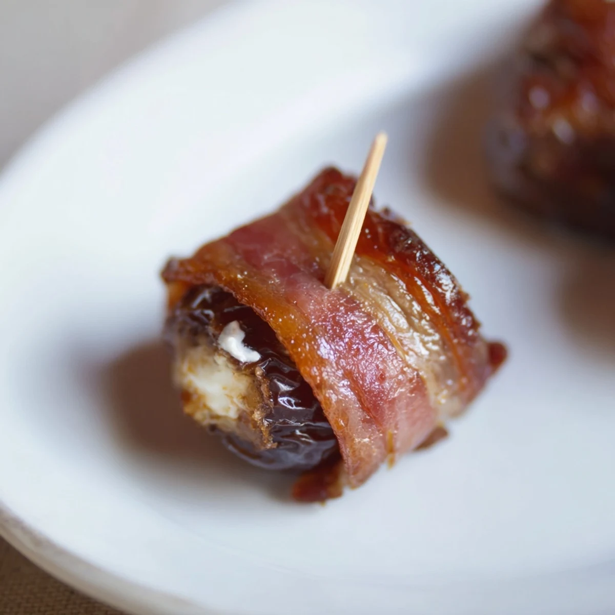 Savory Air Fryer Crispy Beef Bacon Wrapped Dates on a platter, ready to serve as a gluten-free appetizer.