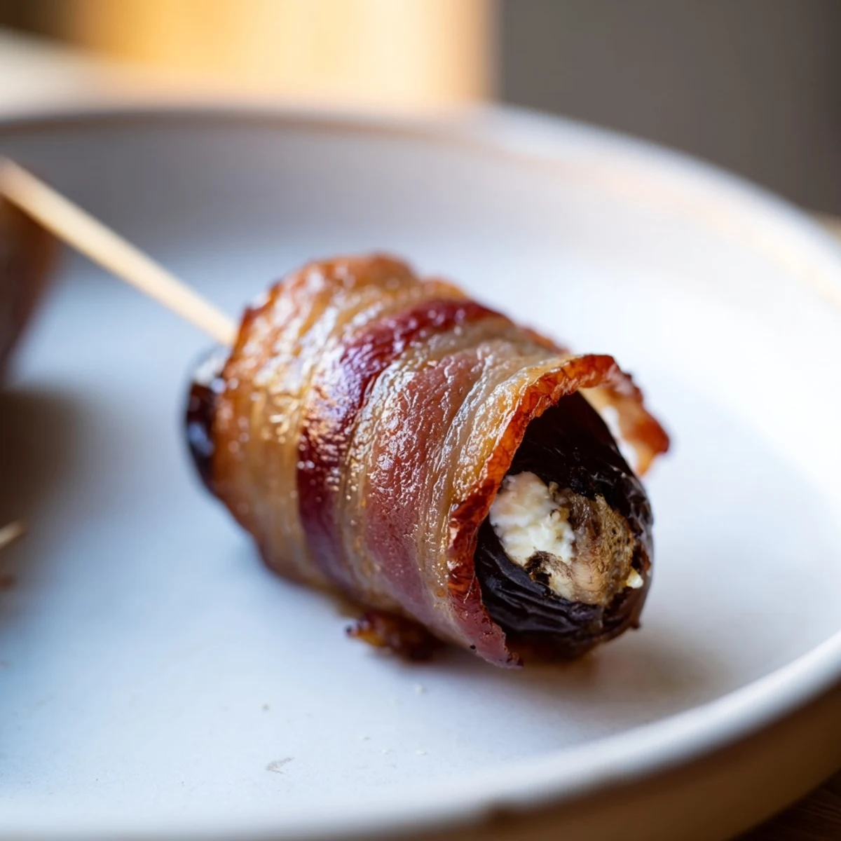 Air Fryer Crispy Beef Bacon Wrapped Dates with creamy goat cheese peeking out of the sweet date.