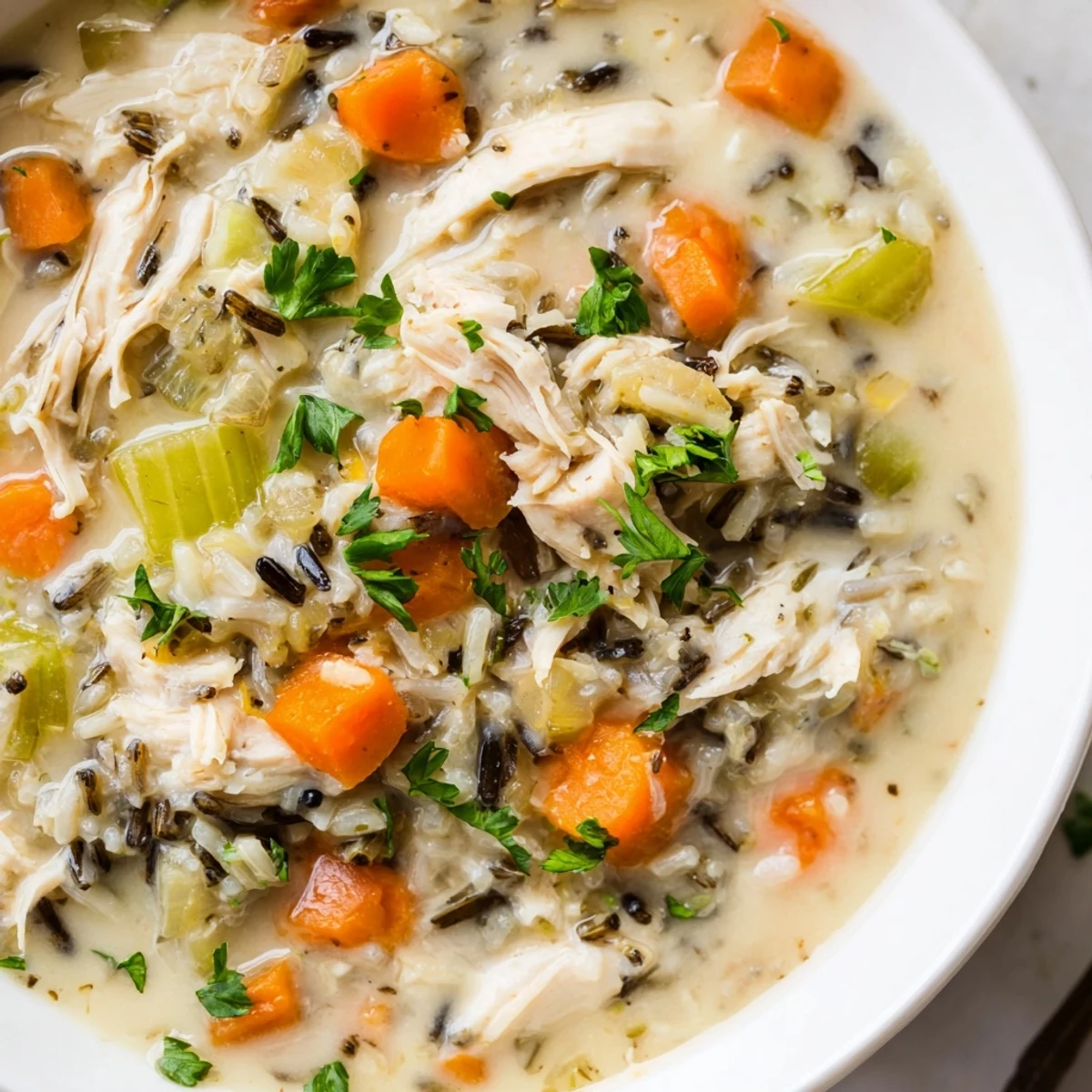 Hearty bowls of Instant Pot Chicken and Wild Rice Soup steam beside crusty bread and fresh parsley garnish.