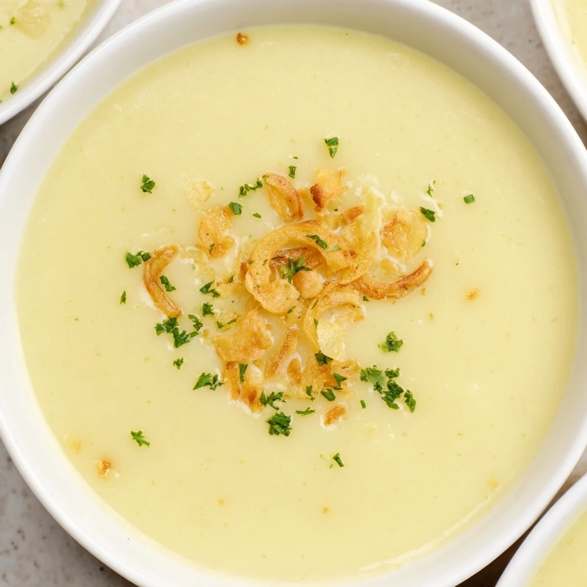 A bowl of creamy Irish Potato Leek Soup topped with golden, crispy leeks and fresh chives.  