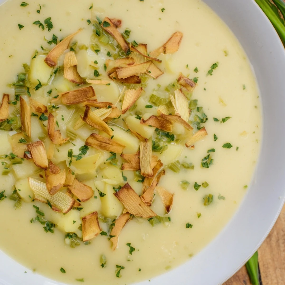 Smooth, velvety Irish Potato Leek Soup served alongside crusty soda bread for dipping.  
