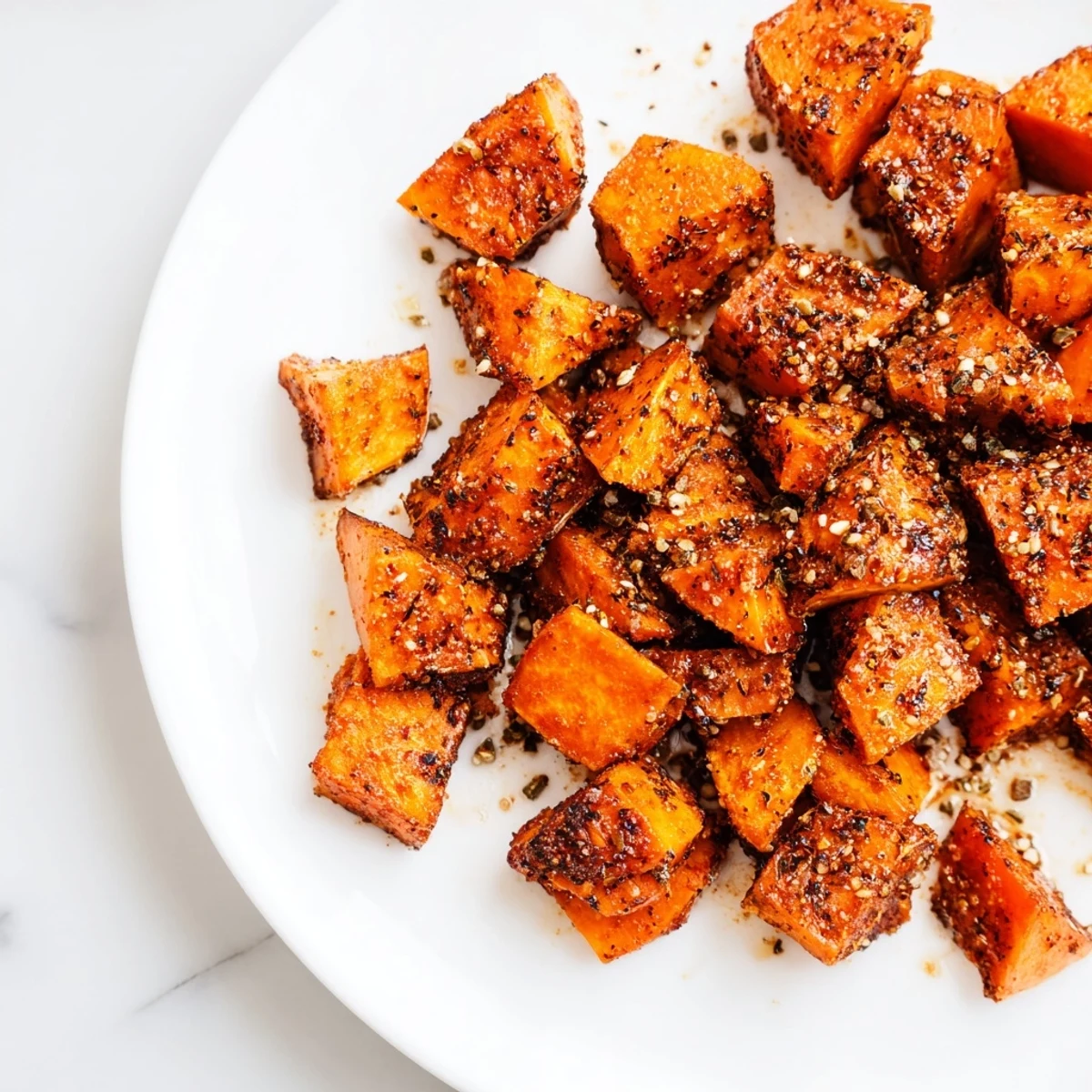 Tender cubes of Creole Spiced Roasted Sweet potatoes tossed in a bold spice blend, steaming on a rustic plate.