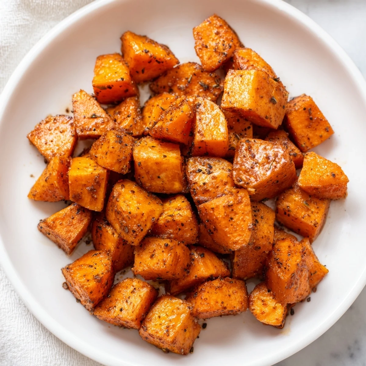 Spicy, oven-roasted Creole Spiced Roasted Sweet potatoes paired with fresh herbs, perfect for a Southern-inspired vegan side dish.