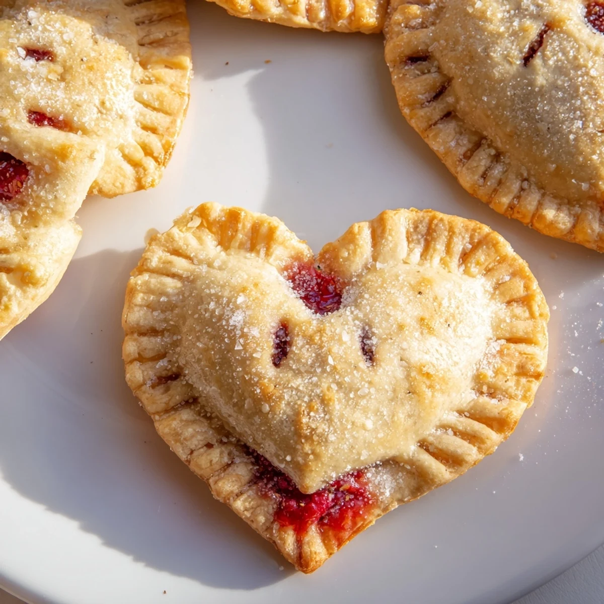 Sweet, tangy raspberry jam peeks from the edge of a golden-brown heart hand pie.