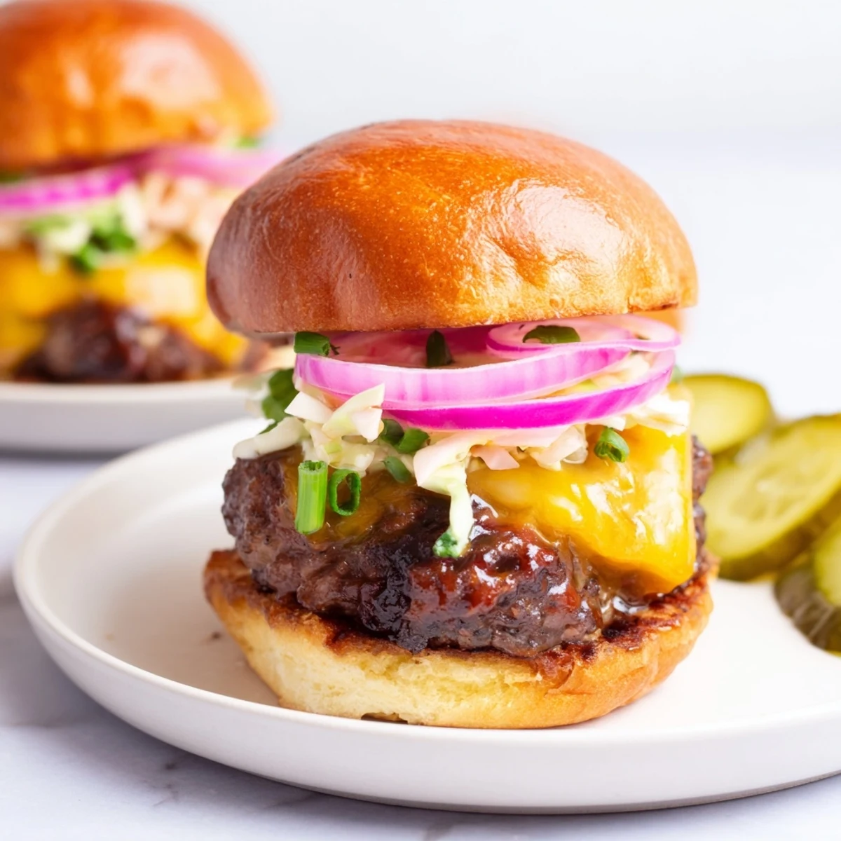 Golden toasted brioche buns holding juicy Big Game BBQ Beef Sliders, garnished with red onion and pickles.