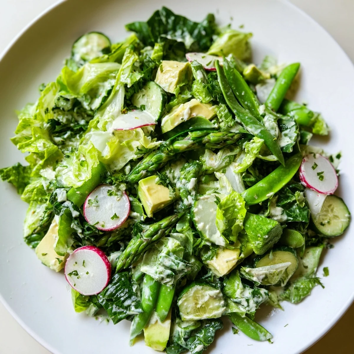 Green Goddess Salad with vibrant, fresh vegetables and creamy avocado dressing, ready to enjoy.