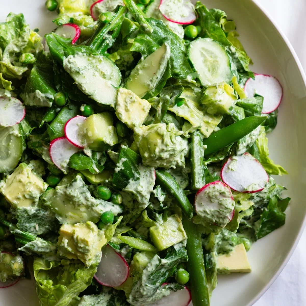 Bright, colorful Green Goddess Salad ingredients, tossed in a creamy dressing bursting with herb flavor.