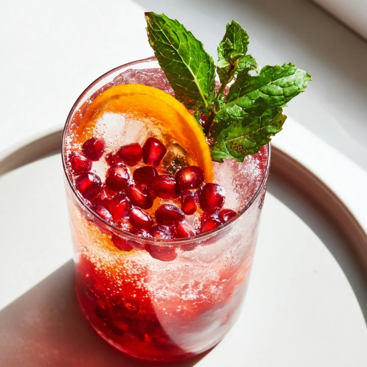 Close-up of a Love Potion Pomegranate Mocktail Fizz, showing the vibrant color and sparkling bubbles, ready to enjoy.