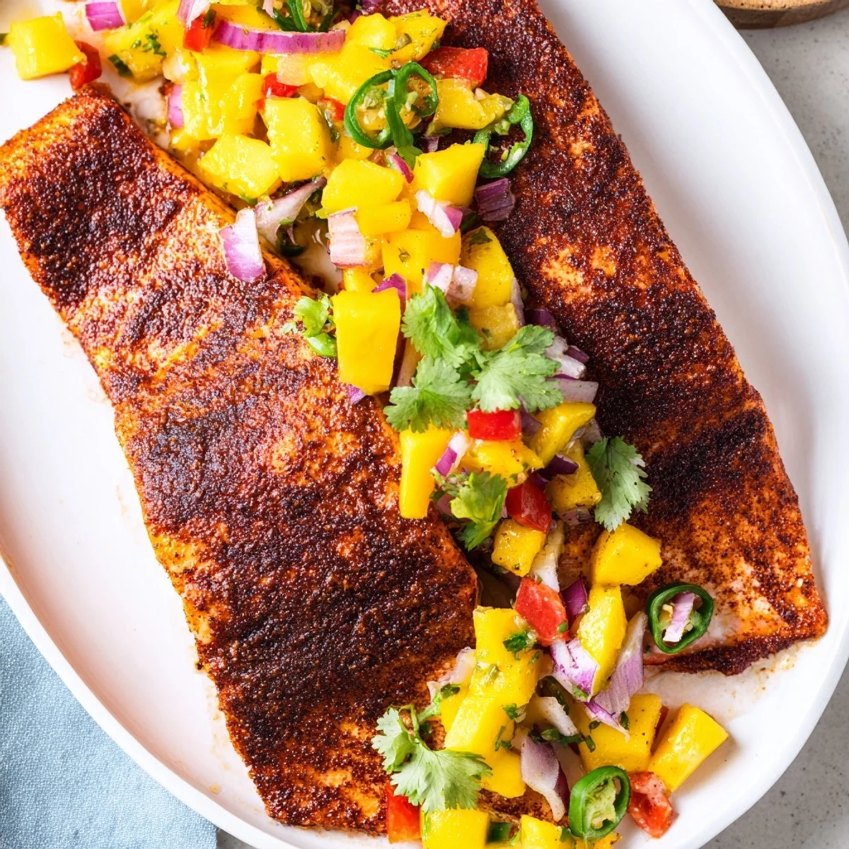 A close-up view of Cajun Blackened Salmon with Mango Salsa, highlighting the crispy, spice-crusted exterior and the juicy, colorful salsa topping.