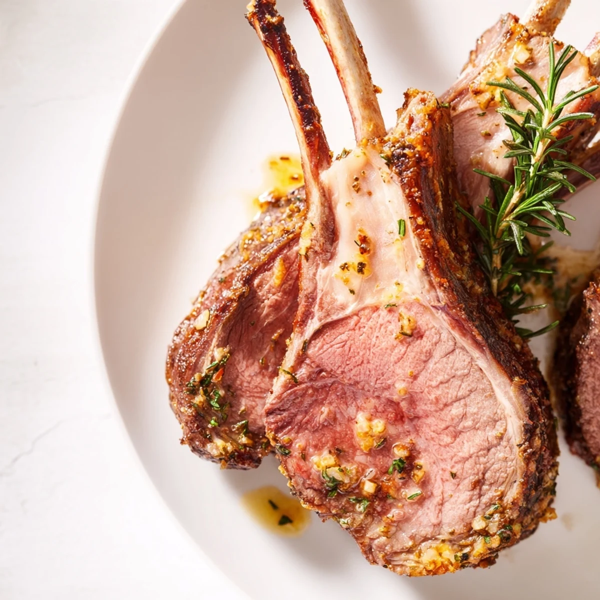 A perfectly cooked Garlic Herb Roasted Rack of Lamb rests before being sliced into tender chops.