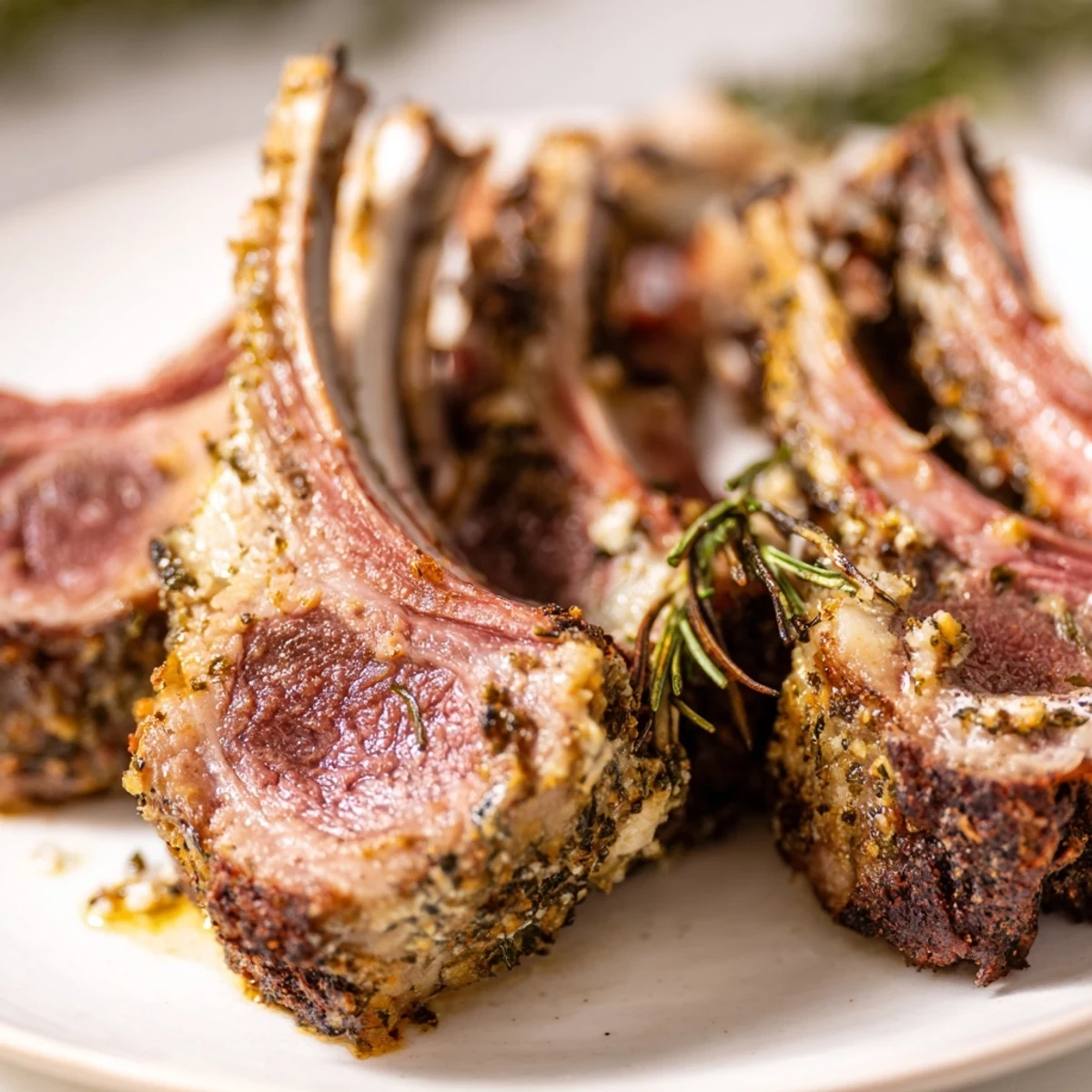 Garlic Herb Roasted Rack of Lamb with seared crust and pink, juicy interior.