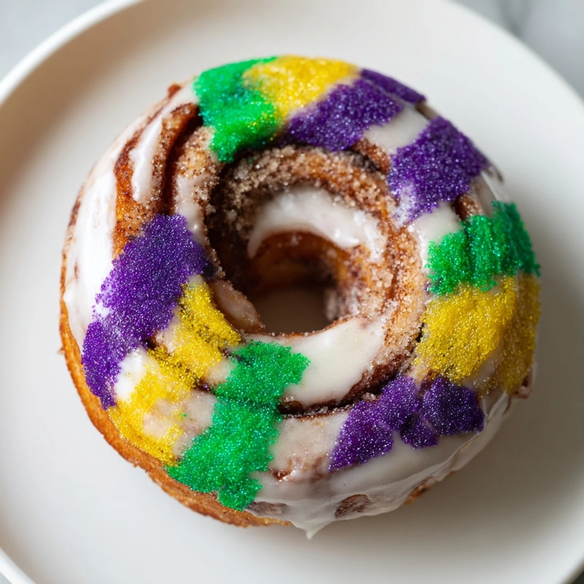 Freshly baked Mardi Gras King Cake Donuts cooling on a wire rack, dripping with vanilla glaze and festive purple, green, and yellow sugars.