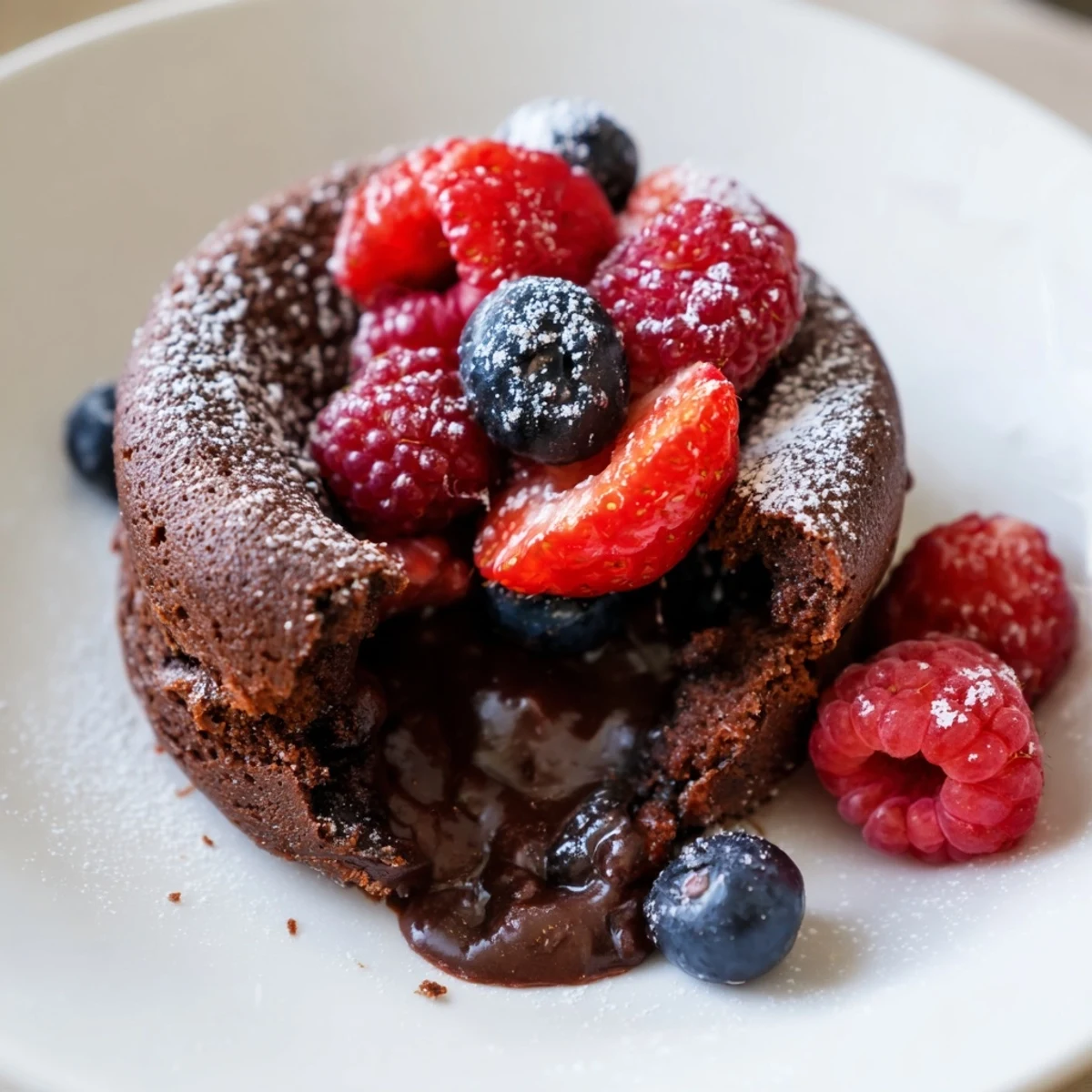 Freshly baked Valentine Chocolate Lava Cakes with a warm, molten center sit on a plate dusted with powdered sugar.